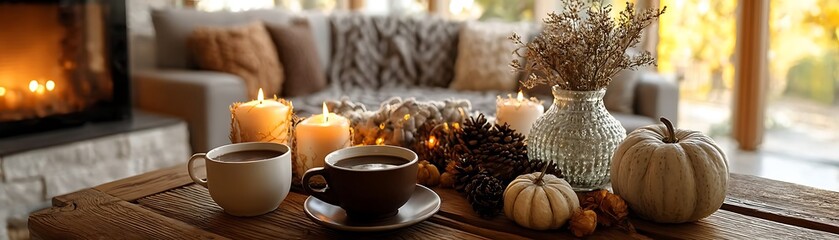 Coffee and sweet pastry on a white table with incense sticks and a candle for a delicious morning breakfast.
