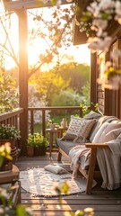 Wooden porch at sunset, soft furnishings, spring blossoms