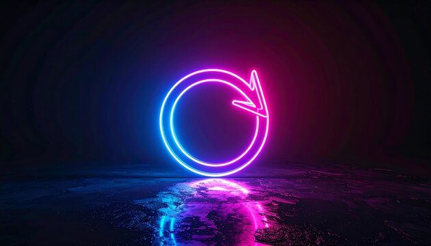 Neon circular arrow graphic on dark surface