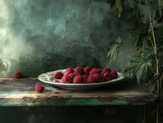 A raspberries are laid on the nice traditional  plate