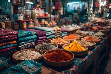 Exotic market stall with colorful spices herbs and fabrics in Southeast Asia