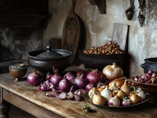 An red onions and yellow onions in the old style kitchen.