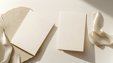 Elegant stationery mockup featuring blank cards, a stone fragment, and a flowing ribbon, bathed in soft, natural light, creating a serene and refined atmosphere.