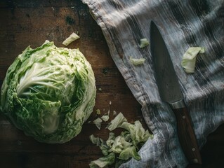 A cabbage on the wooden table with a knife on the side.