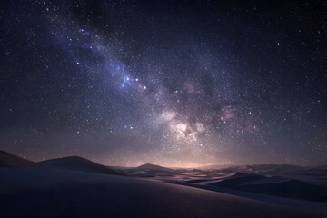 Fototapeta premium Stunning view of the Milky Way over desert dunes — breathtaking night sky landscape capturing the beauty of the cosmos.