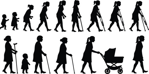 Life cycle silhouette illustration, human growth stages, aging process concept, childhood to elderly, generational transition, family evolution, timeline of woman development, symbolic artwork