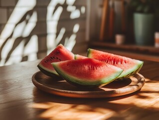 A watermelon is sliced and laid on the wooden plate in the kitchen.