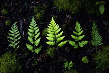 Bright fern leaves and pinecones on dark moss background &mdash; forest texture symbolizing harmony, ecology, and green life.