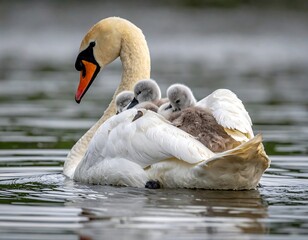 Obraz premium Swan mother with cygnets on her back