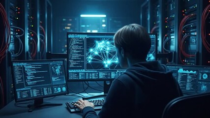 Person working on computer in server room displaying data network and security information - Powered by Adobe