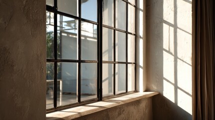 Bright Sunlight Streaming Through Large Window with Industrial Design and Soft Shadows on Textured Wall in Modern Interior Space