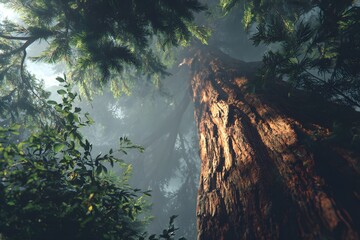 View from below of a giant redwood tree in sunlight — symbol of nature’s power, growth, and timeless beauty.