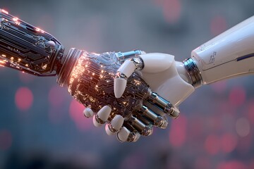 Futuristic handshake between two AI robots — glowing technology symbolizing trust, innovation, and intelligent collaboration.