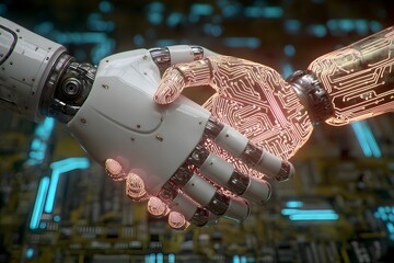 Two robotic hands shaking above digital motherboard — symbol of AI cooperation, advanced technology, and machine alliance.