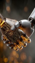 Close-up of futuristic robotic handshake with glowing circuits — concept of artificial intelligence, partnership, and digital innovation.