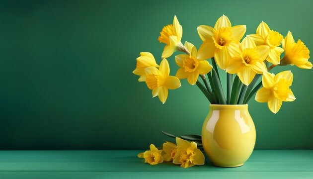 Happy St Davidrs Day Greeting Card Yellow Daffodils In A Bright Vase Against A Soft Green Background With Copy Space For Design - Powered by Adobe