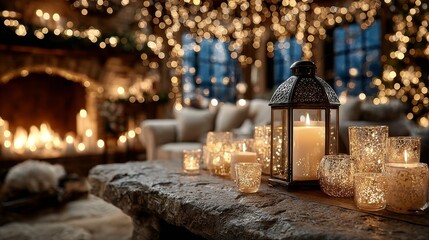 A cozy living room with a lit fireplace, glowing lanterns, and fairy lights creating a warm, festive ambiance.