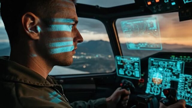 Pilot operates advanced aircraft cockpit at sunset with illuminated digital screens and city lights below