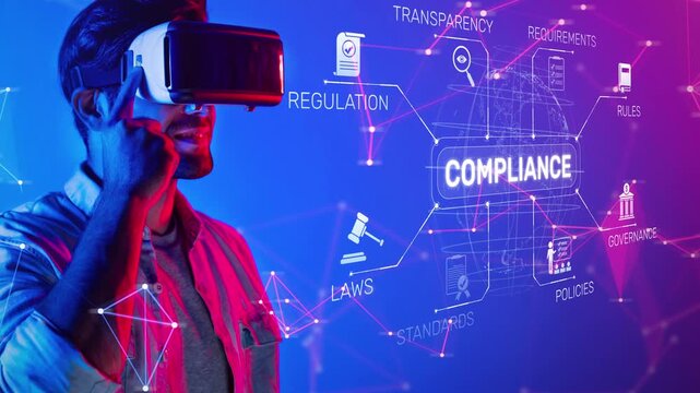 A person engaged in a virtual reality experience while surrounded by key compliance terms, representing the intersection of technology and business governance. Raster