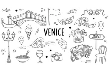 Venice doodles: gondola, rialto bridge, carnival masks, waves, and italian icons in black and white