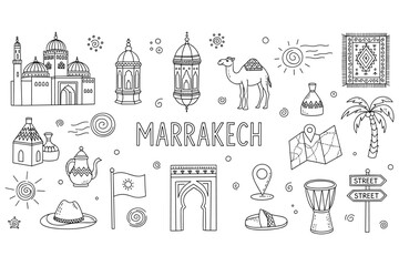 Marrakech icons: camel, lamps, architecture, and culture in monochrome doodles