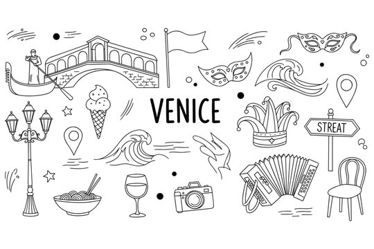 Venice doodles: gondola, rialto bridge, carnival masks, waves, and italian icons in black and white