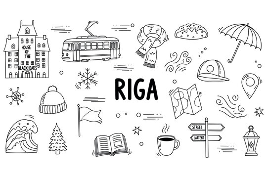 Riga doodle art: tram, hat, map, coffee, architecture, symbols of latvia