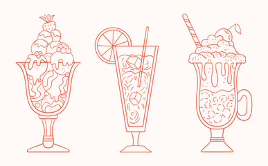 Set of outline drawings of sweet desserts and drinks — ice cream sundae, cocktail, and milkshake in glasses. Minimal linear design for café, menu, or summer illustration.