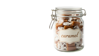 Glass jar filled with caramel isolated on transparent background