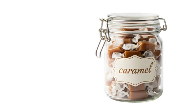 Glass jar filled with caramel isolated on transparent background