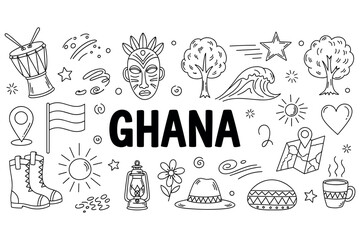 Ghana doodles: drum, mask, trees, flag, and cultural icons in black and white