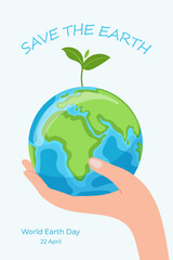 Human hand gently holding the green planet with a sprout, symbolizing care and protection of Earth. Illustration for World Earth Day celebration on April 22.