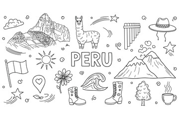 Peru symbols: machu picchu, llama, andes mountains, pan flute, traditional hat, boots, wave, tree, flower