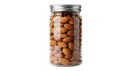 A jar of almonds isolated on transparent background, perfect for snacking needs
