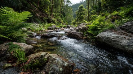 Tranquil Forest Stream Flowing Through Lush Greenery Surrounded by Rocks and Ferns in Serene Natural Landscape