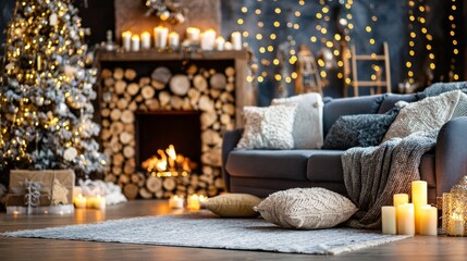 A cozy living room decorated for Christmas with a lit fireplace, glowing candles, and a festive tree, creating a warm and inviting holiday atmosphere.