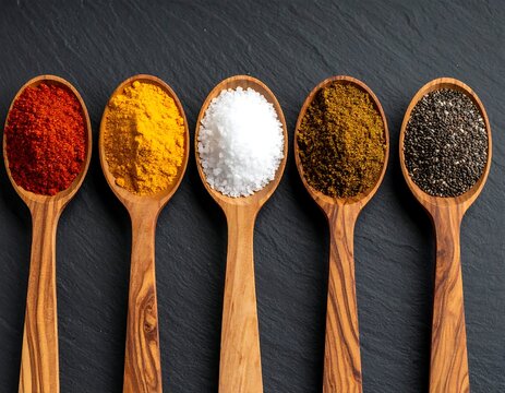 Wooden spoons filled with colorful spices on a dark stone surface
