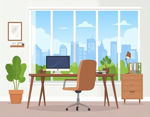 Obraz premium Modern office interior illustration with a computer desk and a beautiful city view