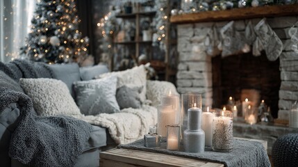 A cozy living room decorated for Christmas with a lit fireplace, candles, stockings, and a festive tree creating a warm holiday atmosphere.