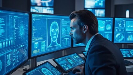 Professional analyst monitoring data on multiple computer screens high technology control room cybersecurity facial recognition system interface - Powered by Adobe