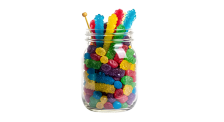 Jar of rock candy isolated on transparent background, a colorful and sugary treat