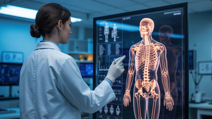 Doctor analyzing skeleton hologram on screen. Futuristic health research.