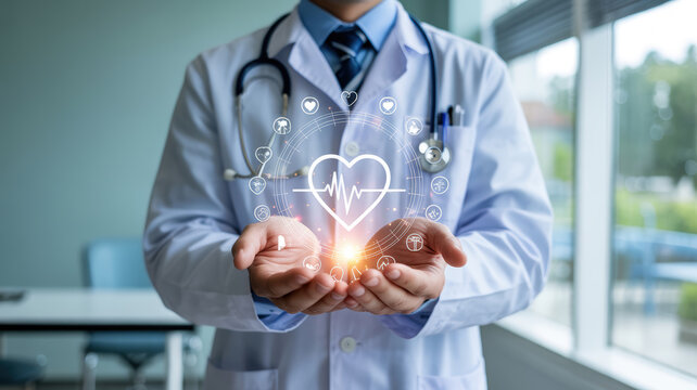 Doctor offering medical assistance with hologram heart. Healthcare future