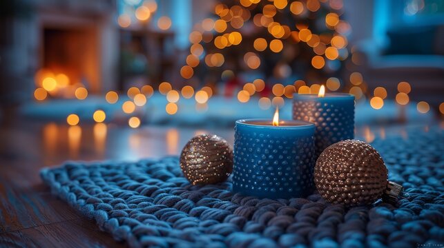 Blue candles and ornaments on a knitted blanket with a cozy fireplace and bokeh lights in the background, creating a warm holiday atmosphere.