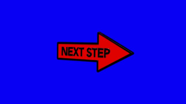 A bold red 3D arrow pointing right with the text "NEXT STEP" prominently displayed, rotating slowly against a solid blue background. Ideal for motivational videos, business presentations, tutorials, o