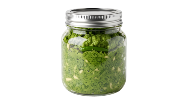 Jar of fresh pesto sauce isolated on transparent background, a vibrant condiment