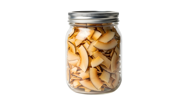 Jar of toasted coconut chips isolated on transparent background, a healthy snack