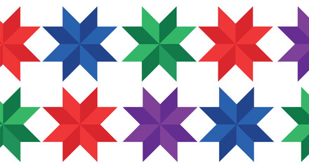 Colorful star, shaped figures in seamless repeating pattern on white background