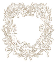 Christmas frame, Crest  with ribbons and Pine Branches, xmas invitation graphics 
