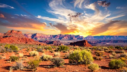 Dramatic desert sunset over red rock canyons. Vast landscape of arid land, with low shrubs and vibrant sunset colors